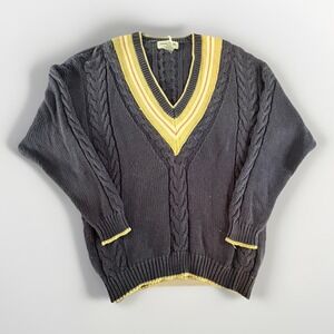 Casual Corner Vintage Cable Knit Sweater Men Large Navy Blue V-Neck Striped Trim